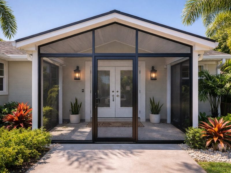 Durable front entryway screen enclosure in Naples FL installed by Aluminum Master LLC