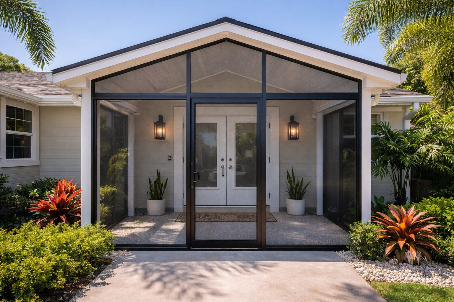 Durable front entryway screen enclosure in Naples FL installed by Aluminum Master LLC