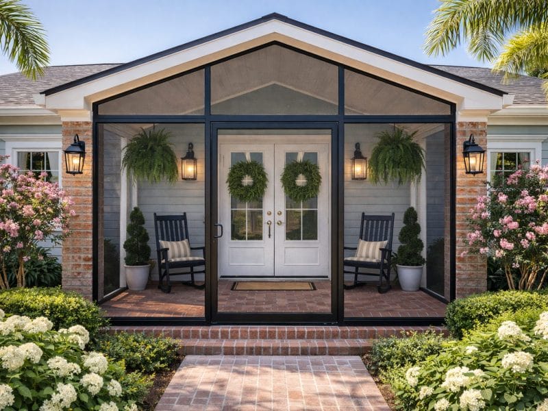Southern-style front entryway screen enclosure in Naples FL installed by Aluminum Master LLC