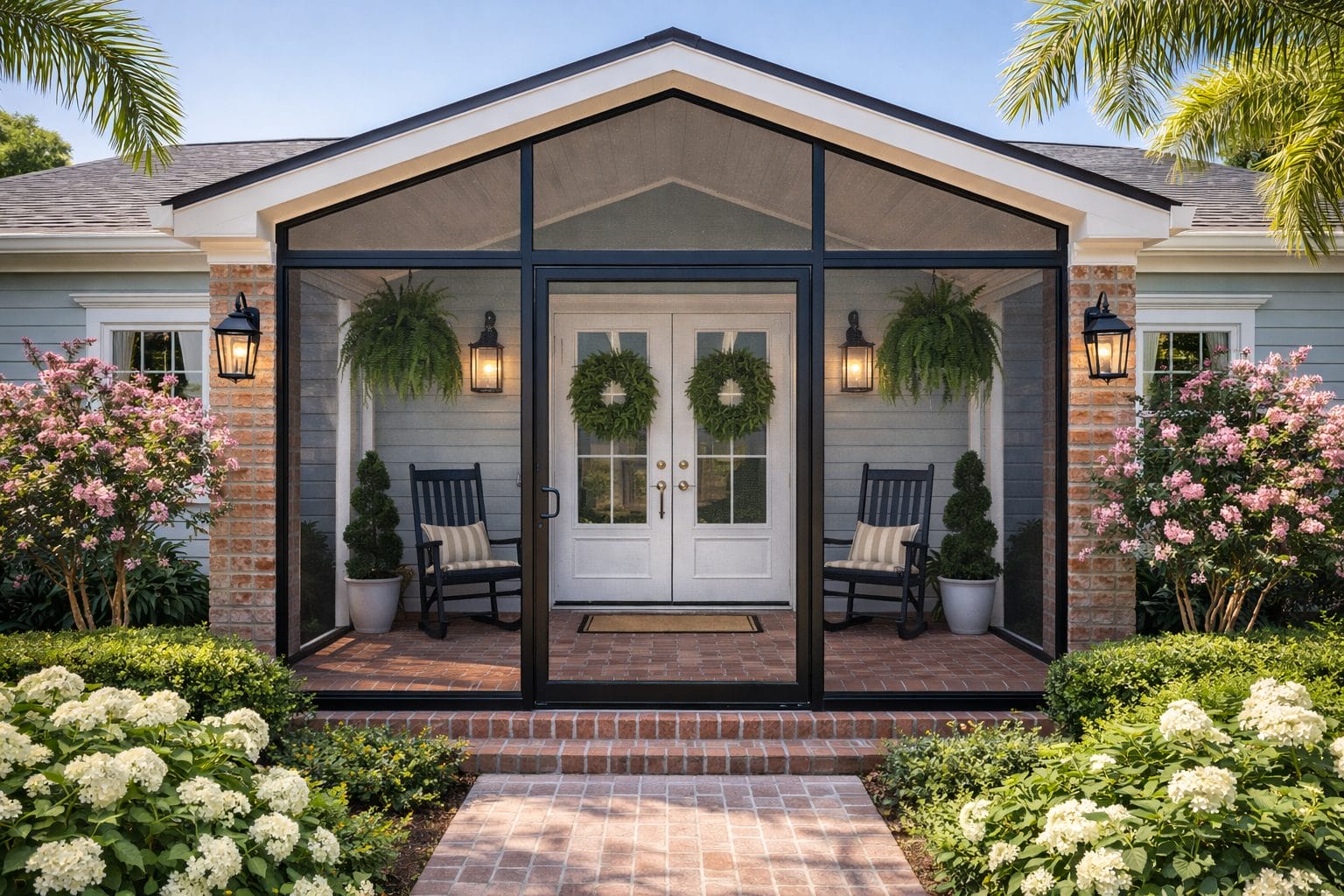 Southern-style front entryway screen enclosure in Naples FL installed by Aluminum Master LLC