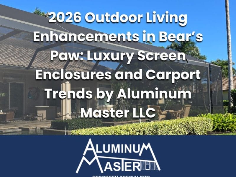Modern screen enclosure with aluminum frame surrounding a luxury lanai patio and pool area in Bear’s Paw, Naples, Florida.