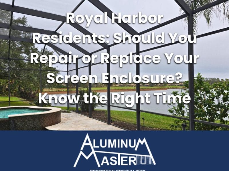 Aluminum technician repairing a screen enclosure frame in a Royal Harbor backyard with a view of a pool and palm trees.