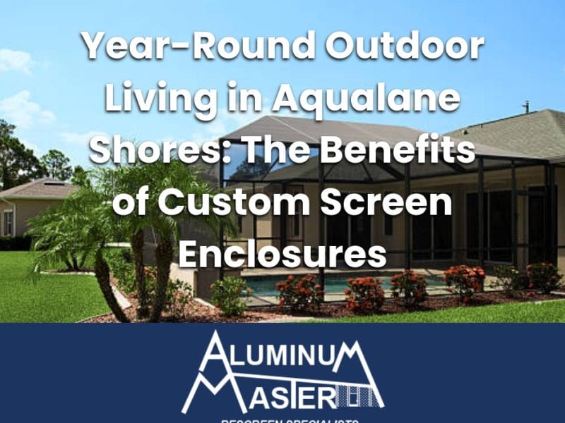 Modern custom aluminum screen enclosure surrounding a luxury pool in a waterfront home in Aqualane Shores, Naples, Florida.
