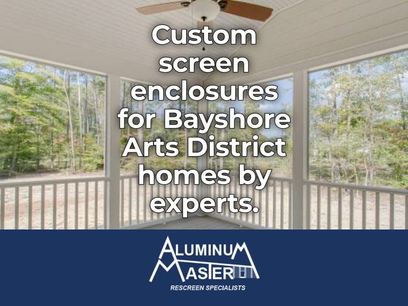 Custom aluminum screen enclosure surrounding a pool area in the Bayshore Arts District, offering bug protection and shade in a coastal-styled backyard.